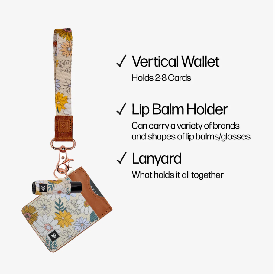 Floral vertical wallet, lip balm holder and wrist lanyard