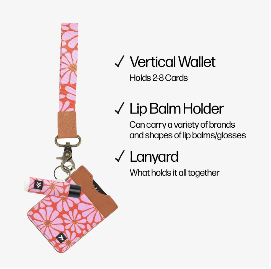Pink floral wallet with lip balm holder and wrist lanyard